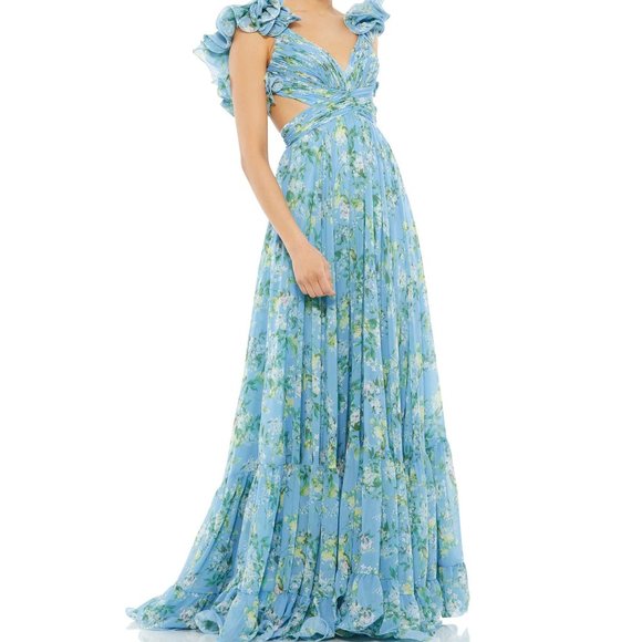 NWT Mac Duggal Blue Ruffled Floral Lace Up Back Cut Out Dress 67803 - Picture 6 of 7